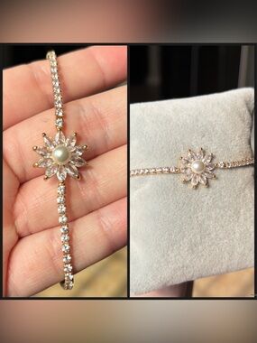 Gold Pearl & Cubic Zirconia Flower Bracelet